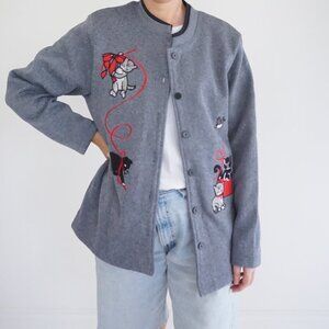 Vintage Blair Gray Cardigan Cats Yarn Holiday Cabincore Grandmacore Festive M